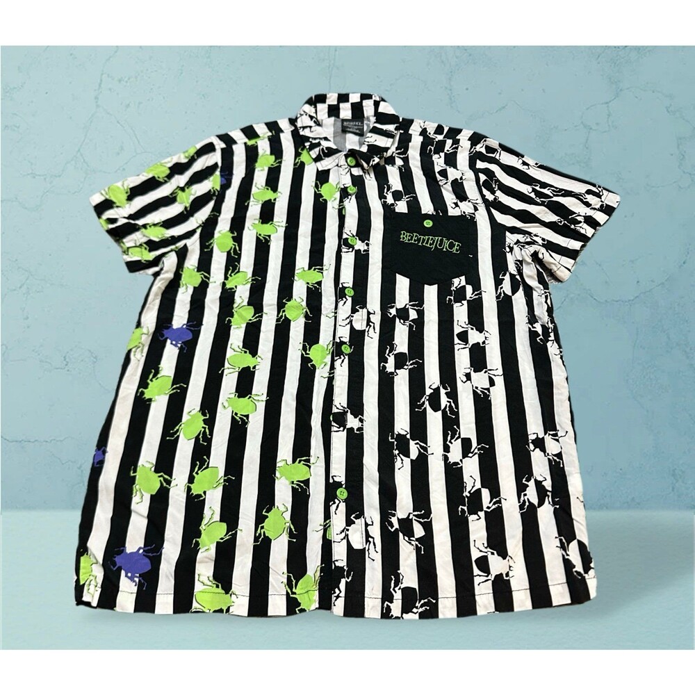 Beetlejuice Black & White Striped Button-Up Shirt with Neon Beetles XL